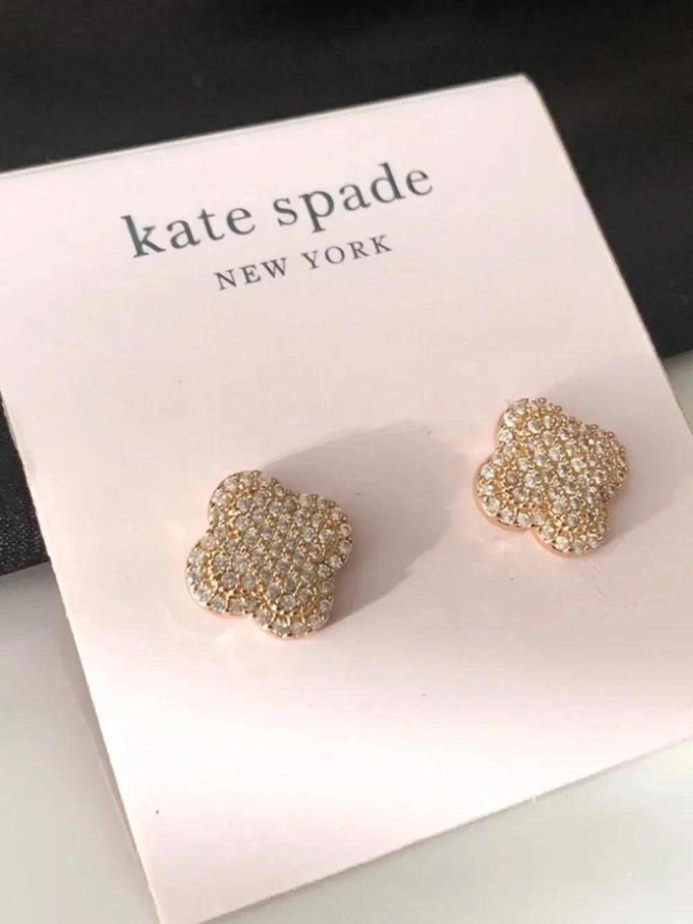 Kate Spade Crystal Clover Stud Earrings Gold Tone Pave Four Leaf Clover Earrings